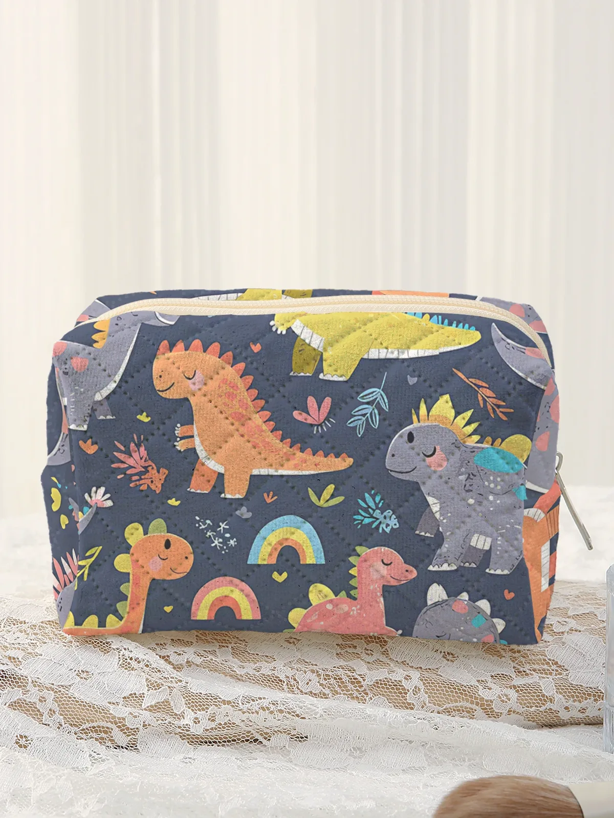 grande trousse à cosmétiques matelassée multicolore, motif dinosaure, arc-en-ciel, cœur, imprimé floral, trousse de maquillage à fermeture éclair, pochette de rangement de voyage pour enfants