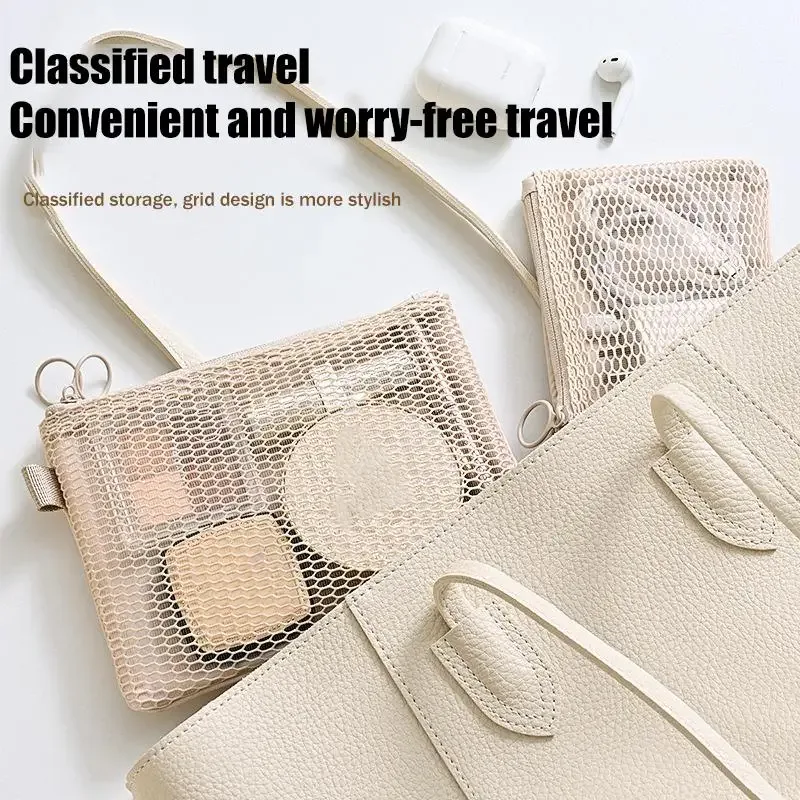 trousse de toilette portable transparente en maille grande capacité, pochette cosmétique en filet pour le rangement du maquillage en voyage pour femmes