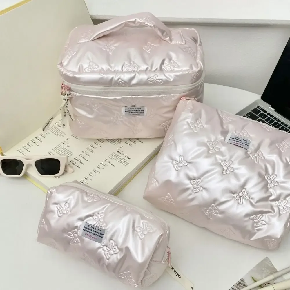 Sac de rangement en PU pour cosmétiques, trousse de toilette multifonction avec compartiments et nœud décoratif, sac à maquillage zippé pour l'organisation quotidienne