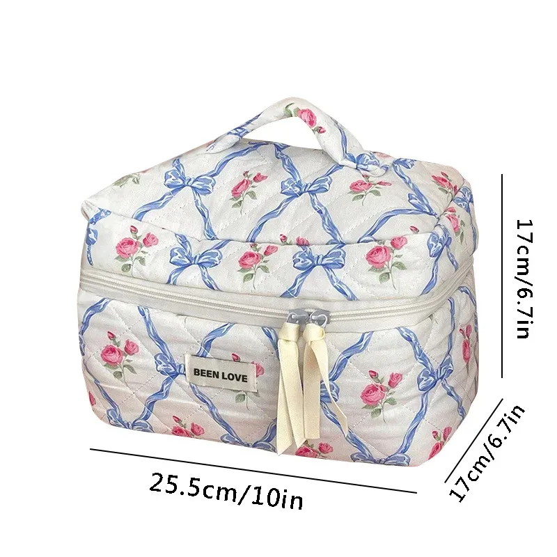trousse de maquillage en coton matelassé avec nœud et fleur, sac cosmétique zippé pour femme, sac à main en tissu portable pour filles