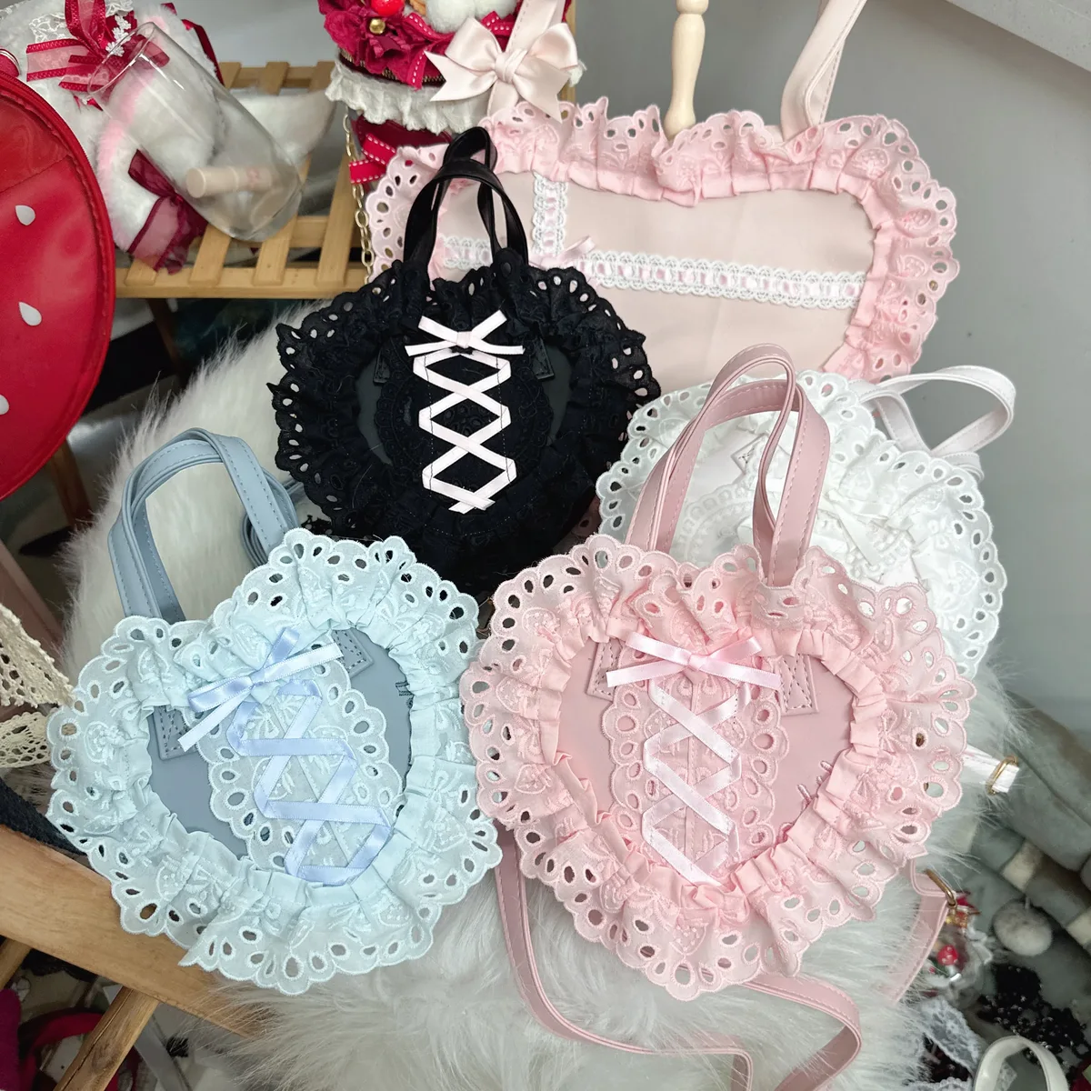 lolita fait à la main amour coeur dentelle fleur mignon sac à bandoulière douce fille étudiants arc fourre-tout sacs à main