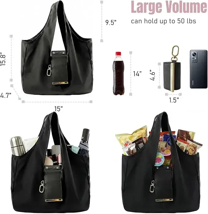 sac fourre-tout avec porte-clés, sac de supermarché pliable décontracté, écologique, grand format pour femmes, pour le travail, les voyages et les trajets quotidiens