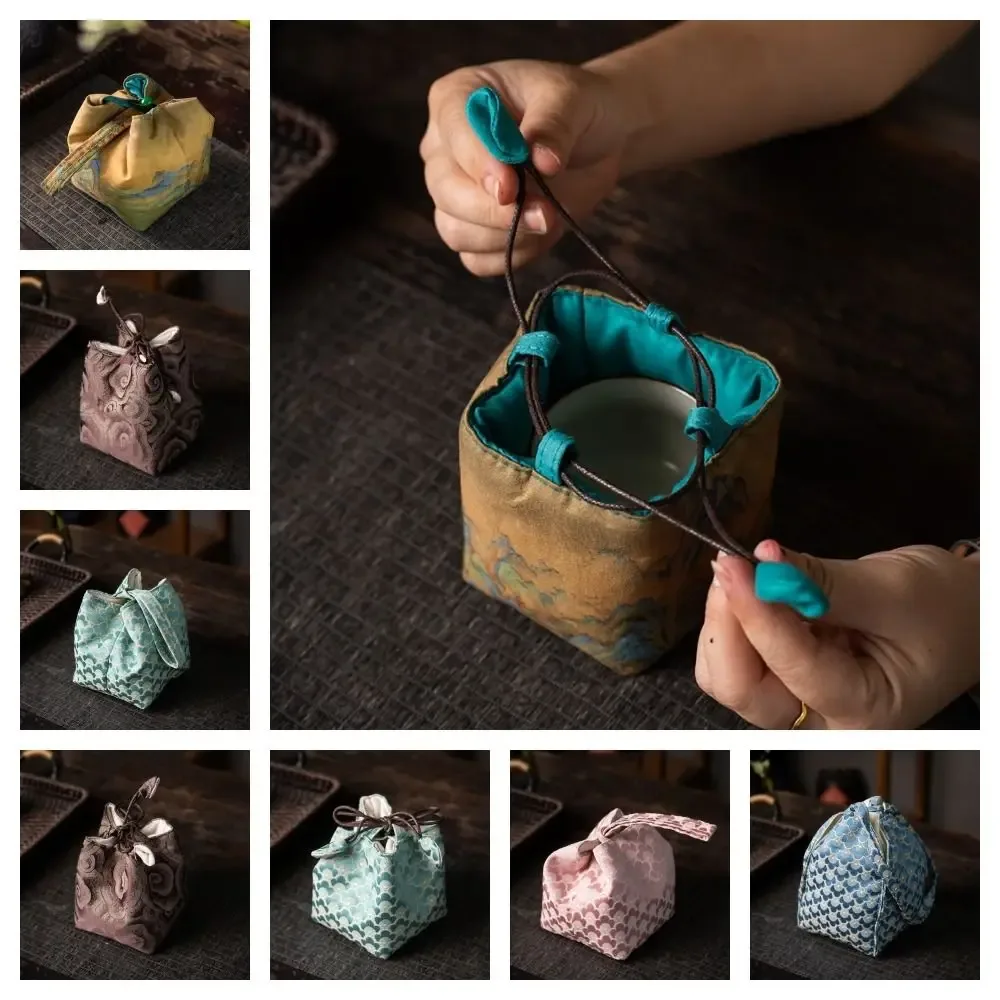 pochette en tissu à cordon de serrage pour tasse à thé de style chinois, sac de rangement portable imprimé pour service à thé, multifonctionnel, résistant à la casse