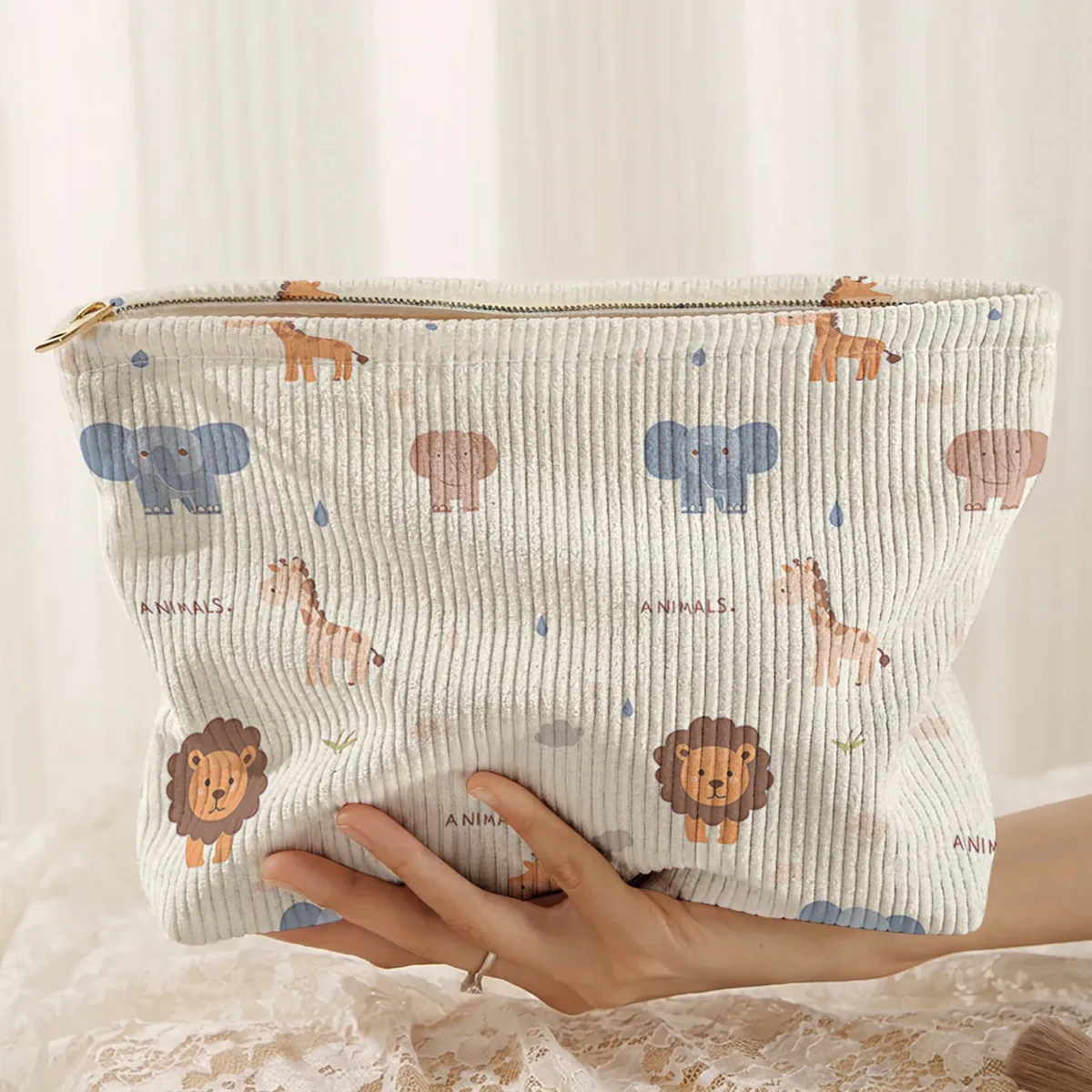 1. trousse de maquillage en velours côtelé à motifs animaliers, boîte de rangement légère à fermeture éclair, sac multifonctionnel avec doublure