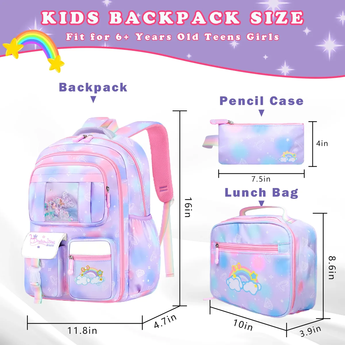 sac à dos d'école pour filles, 3 pièces, grande capacité, sac d'école pour enfants avec étui de transport pour crayons et déjeuner, sac à dos de voyage, cadeau pour enfant