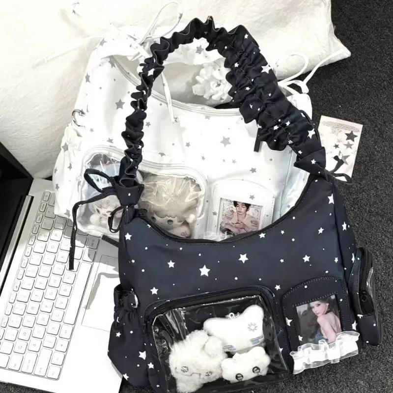 sac à bandoulière transparent à motif étoile avec volants, pochette ita, sac hobo, sac de collection pour fans, sac à main avec fenêtre transparente pour cartes photo