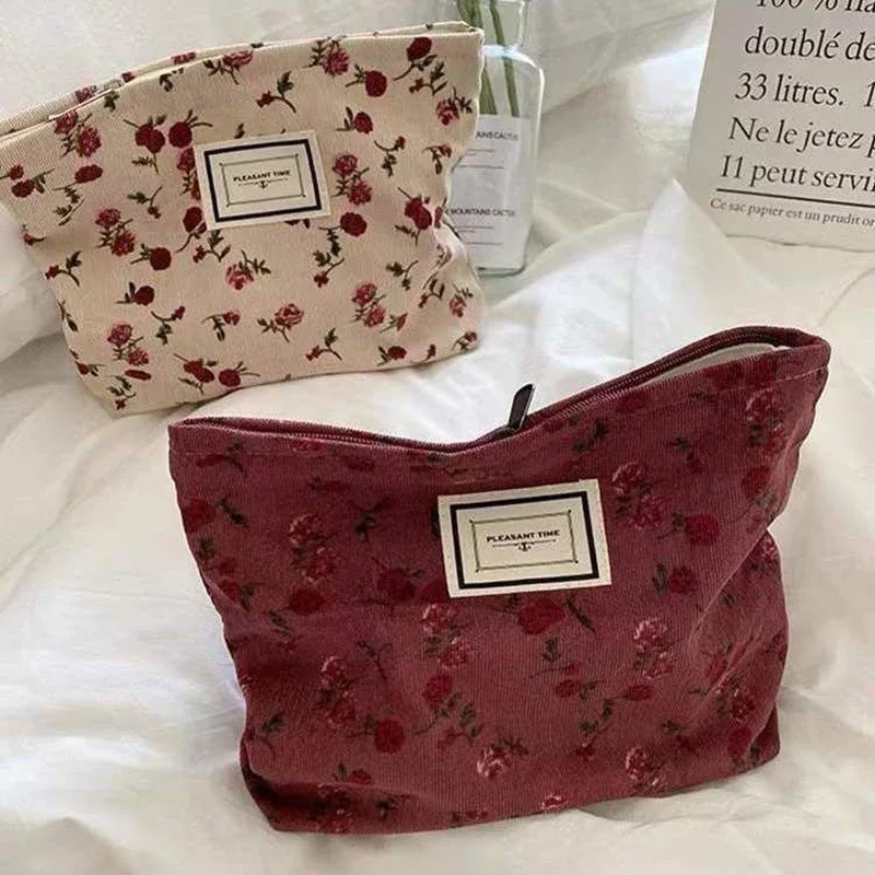 sac à cosmétiques en velours côtelé pour femmes, pochette à fleurs, trousse de beauté, trousse de toilette mignonne, grands sacs d'évaluation de maquillage, poudres cosmétiques coréennes