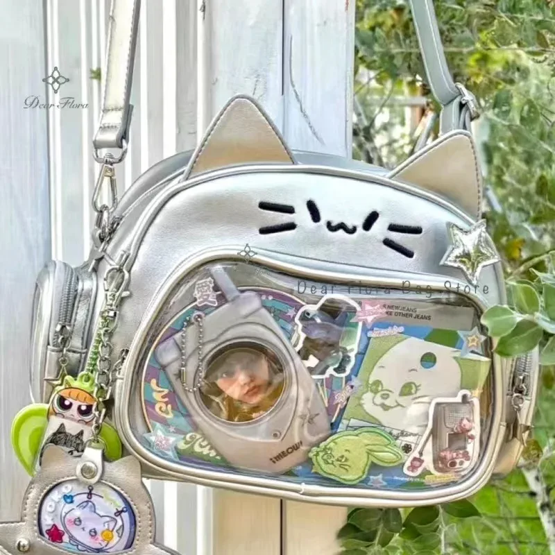 y2k-sac à dos chat argenté pour femme, adolescent mignon, sac d'école ita, doux, fille, poche transparente, sac de voyage, sac à bandoulière, japon