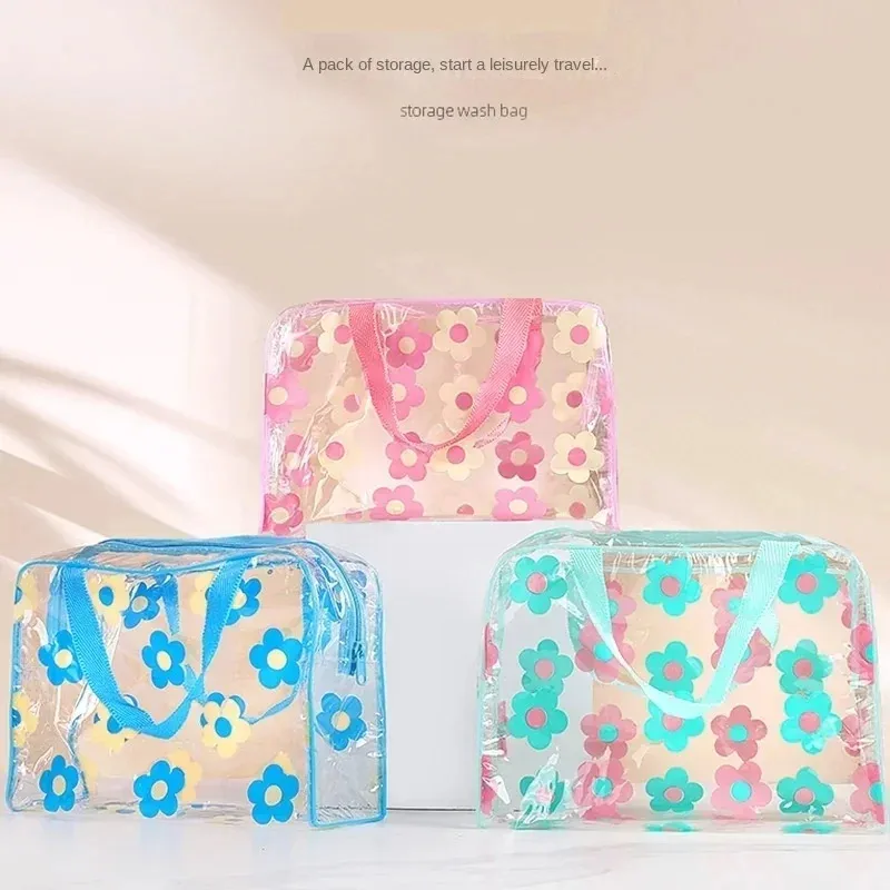 sacs de maquillage transparents en pvc, sacs cosmétiques imperméables à fleurs pour femmes, pochettes de rangement pour voyage, toilette et douche