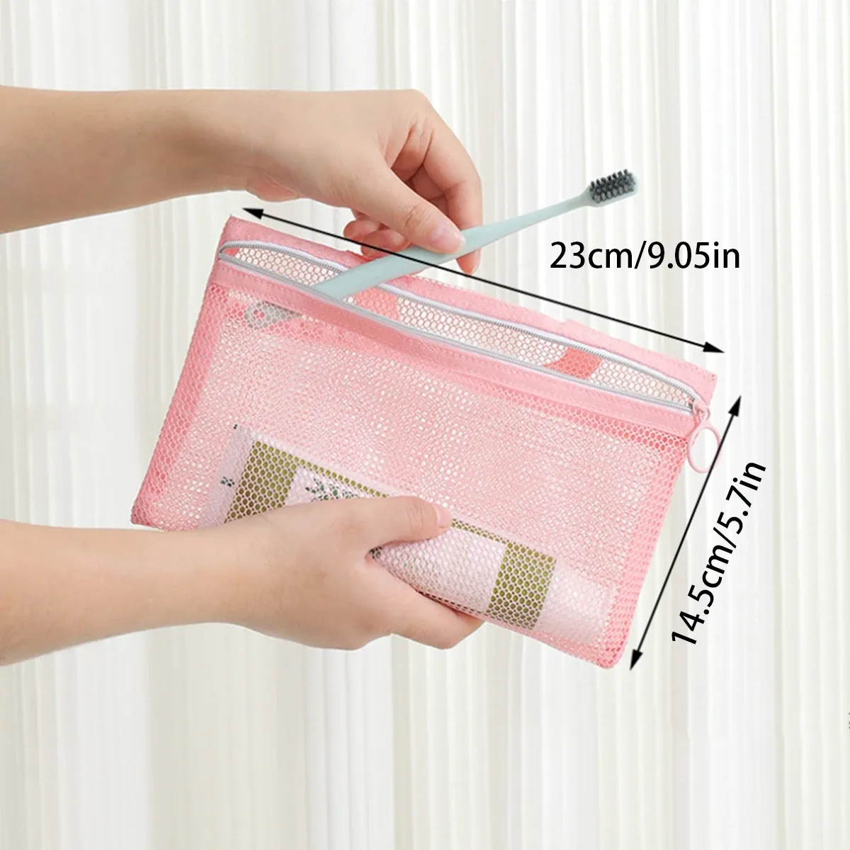 mini trousse de maquillage rose en maille multi-poches, sac de natation, sac de rangement de voyage portable, sac de bain portable, sac de plage, lot de 1