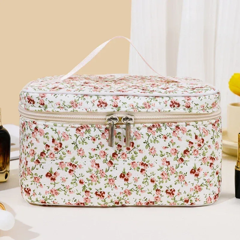 sacs de maquillage en coton pour femmes, trousse à cosmétiques vintage, fourre-tout de grande capacité, sac à main de rangement de cosmétiques portable, sac de rangement de voyage