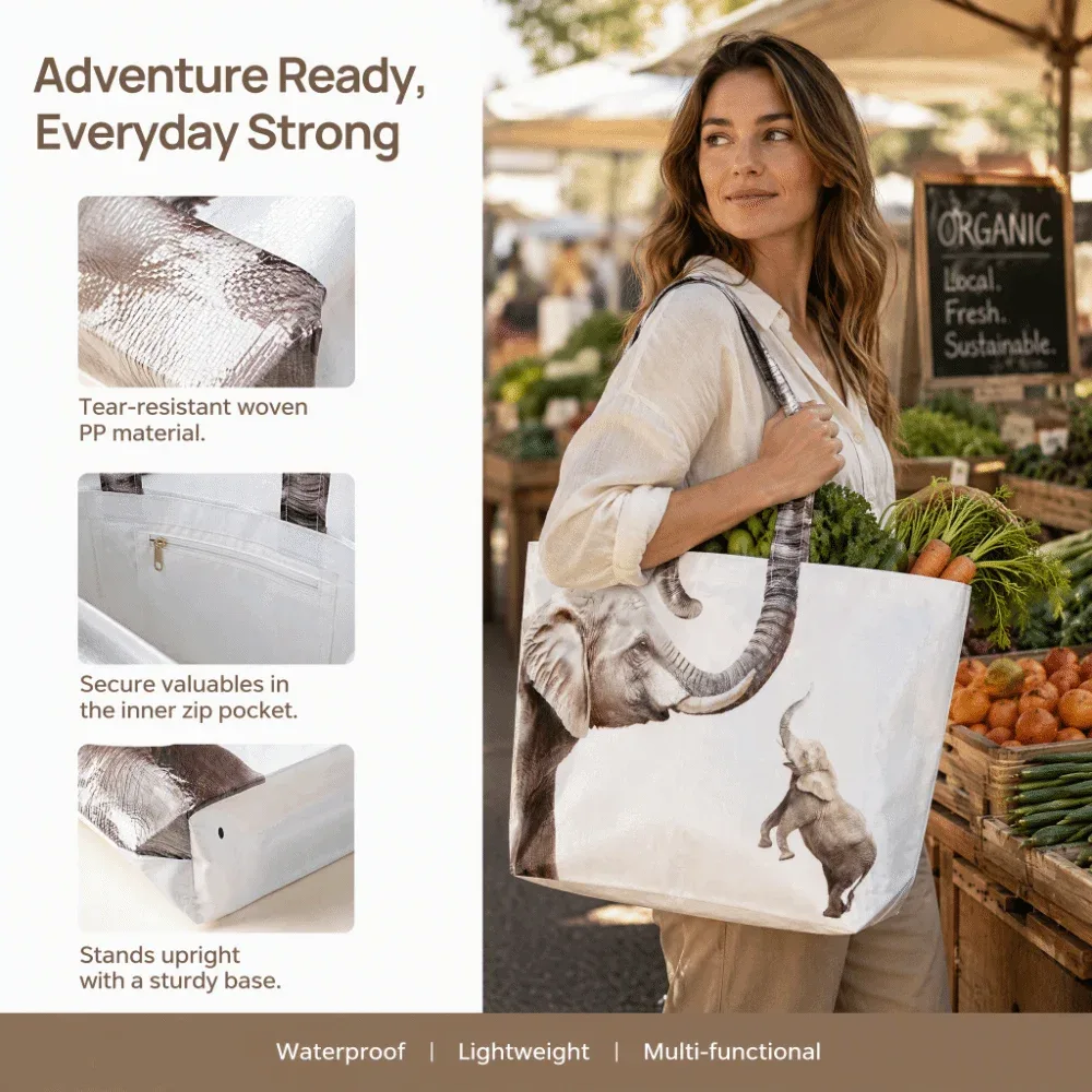 Sac fourre-tout tissé à imprimé éléphant gris et blanc, imperméable, grande capacité, sac de voyage léger pour animaux, sac de rangement, cadeau