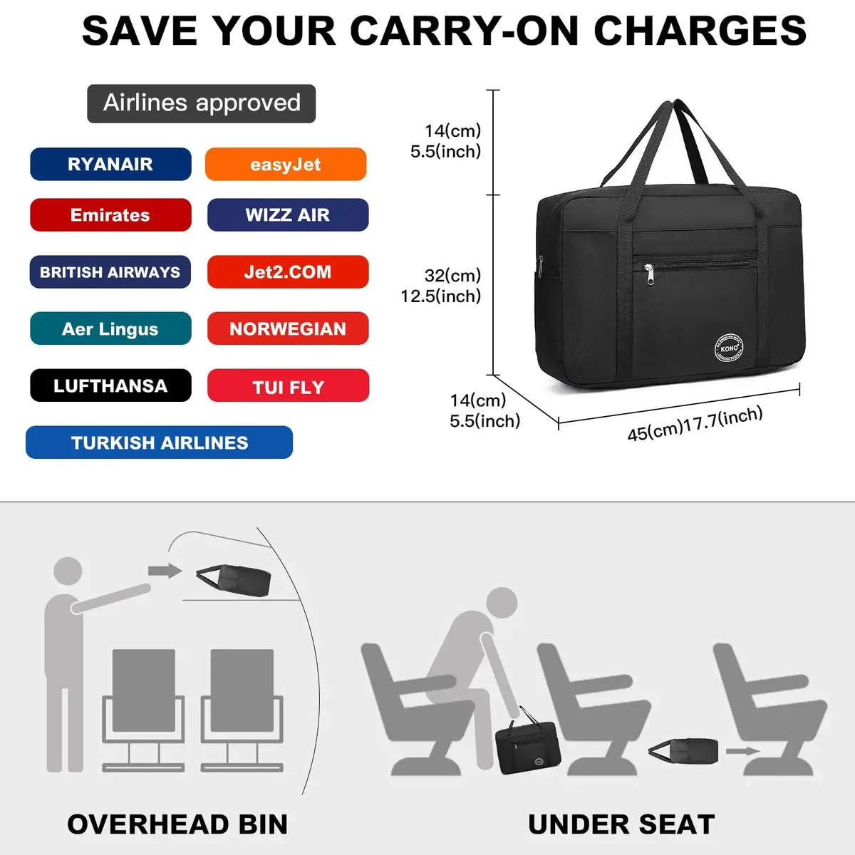 kono-sac à bagages pliable en nylon pour avion, léger et résistant, idéal pour le voyage