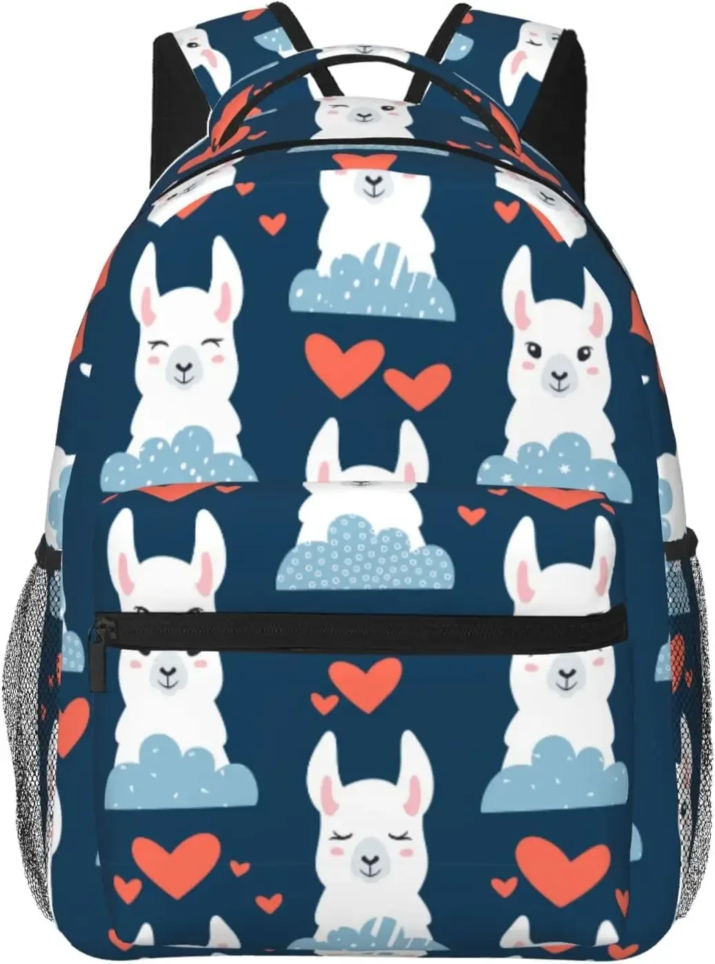 sac dos polyester noir motif lamas fruits vert pastel format rectangulaire sangle chaîne fermeture éclair poche intérieure zippée usage voyage école université