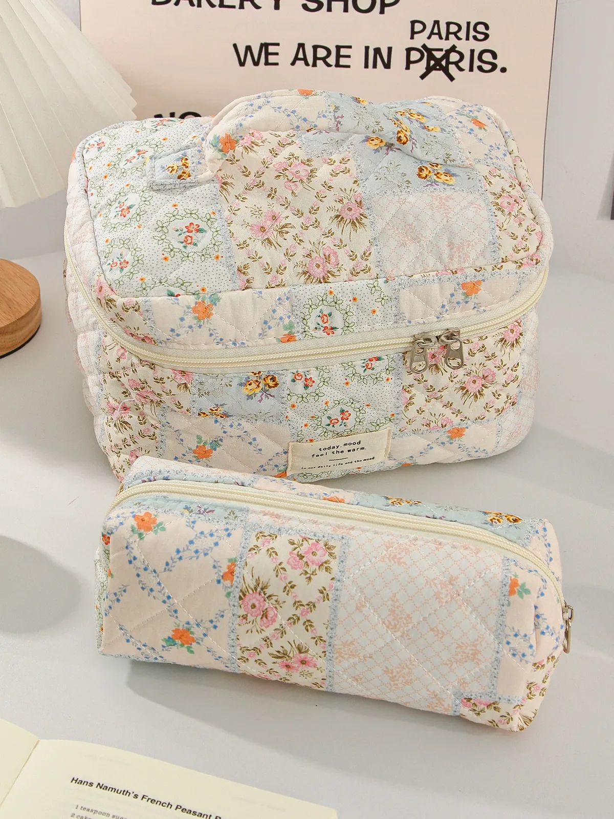 trousse de maquillage matelassée à fleurs assorties, trousse de toilette de voyage de grande capacité, trousse de maquillage portable à la mode, 1 pièce/ensemble