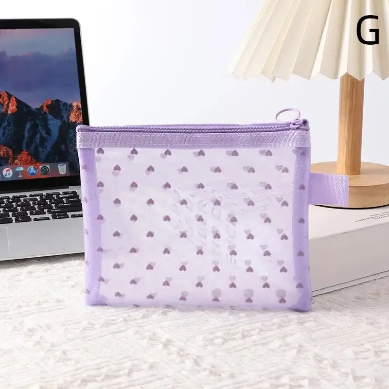 sac de maquillage en maille transparente en forme de cœur, pochette de rangement multifonction portable pour femmes, pochette de toilette pour dames, sacs organisateurs de rouge à lèvres