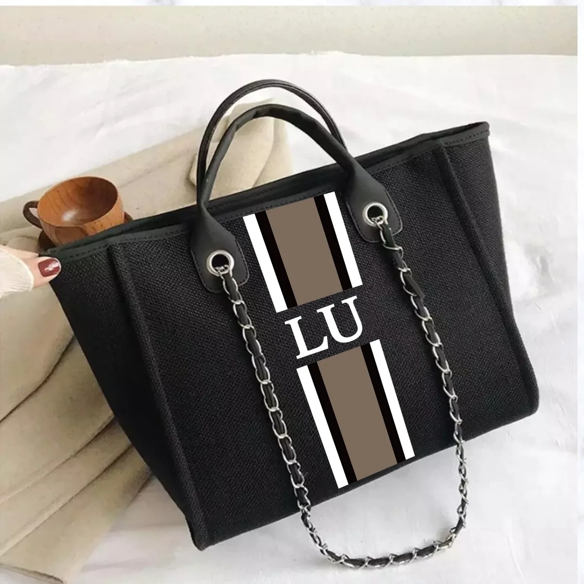 personnaliser monogramme sac fourre-tout grande maman mini toile sac à main sacs de voyage personnalisé chaîne sac à main rayure shopper épaule fourre-tout