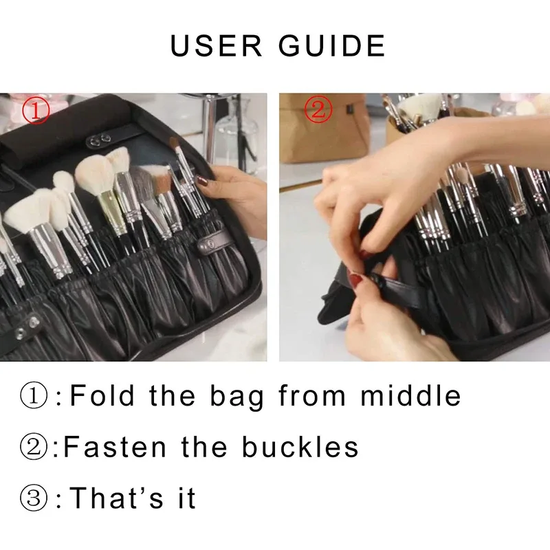 organisateur cosmétique pinceau maquillage sac pliable multifonction pu pvc noir compartiments boutons glissière usage voyage
