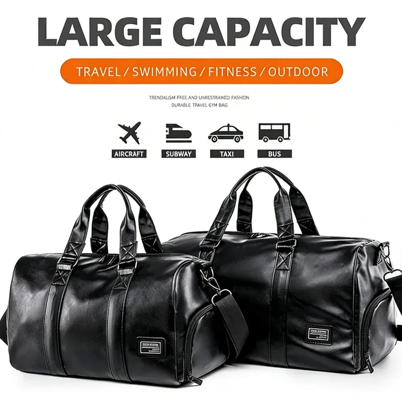 grand sac de voyage fourre-tout pour hommes et femmes, bagage à bandoulière pour extérieur, sac de week-end pour courtes distances, pochette de transport, sac sec/humide en pu
