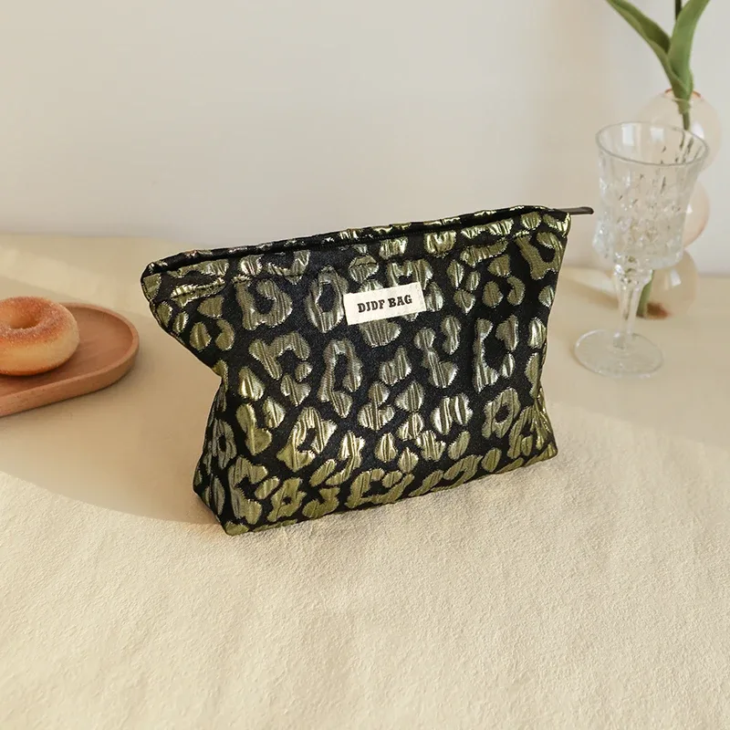 trousse de maquillage pour femmes, toile imprimée léopard doré, trousse de rangement de cosmétiques de grande capacité, trousse de toilette portable, trousse de voyage