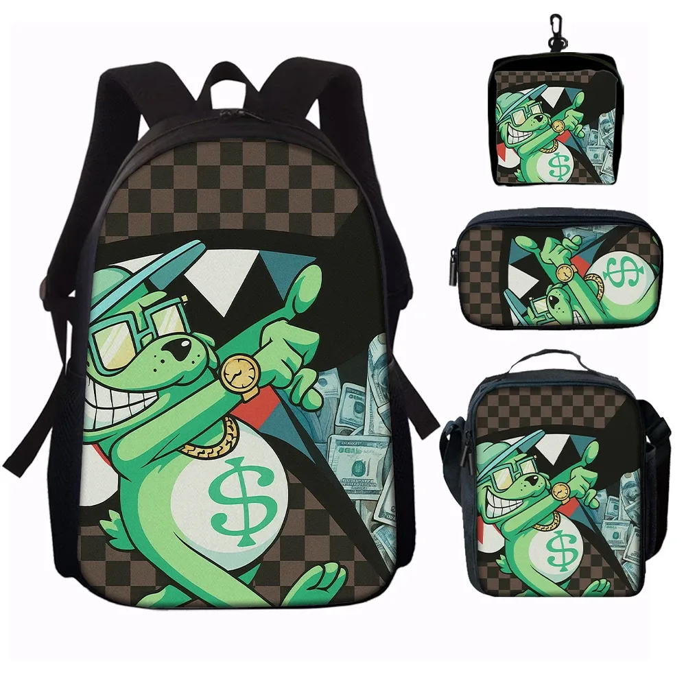 sac dos polyester carreaux noirs blancs accents verts argentés personnage souriant sac main usage quotidien