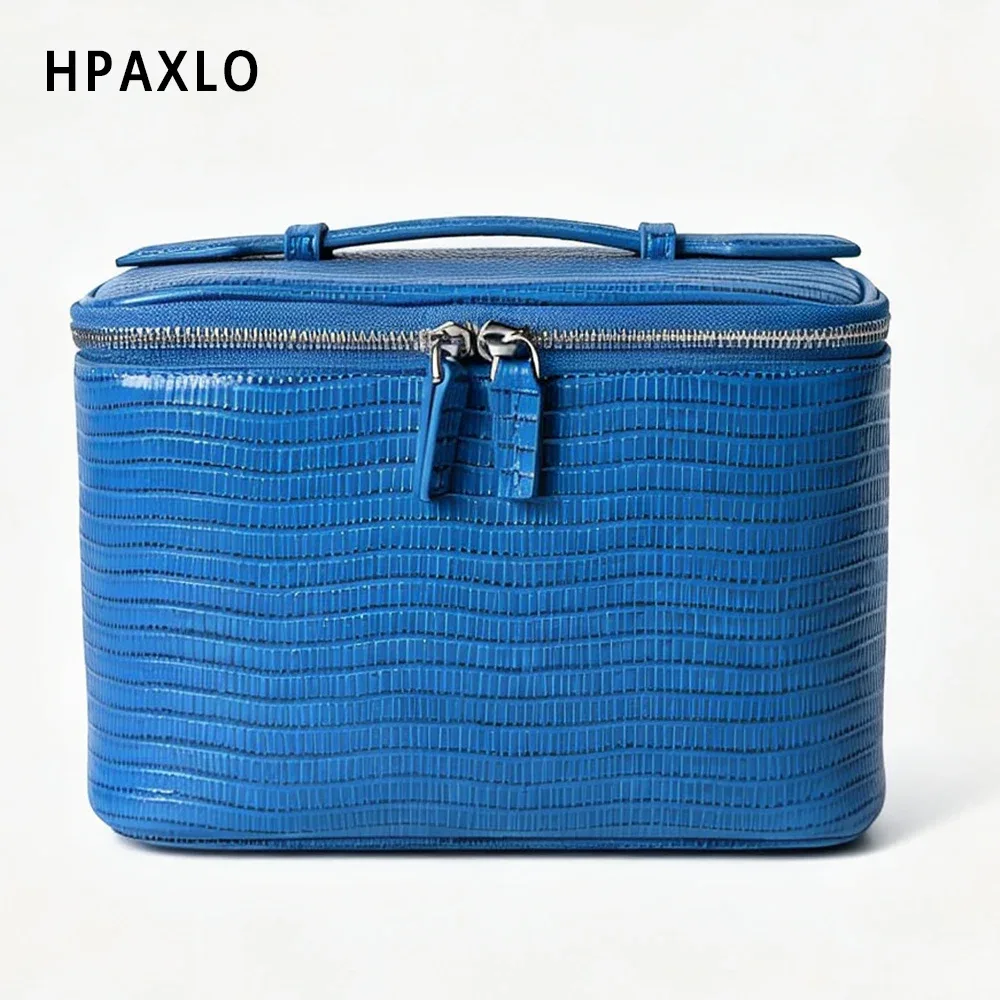 pochette de toilette en cuir véritable imprimé lézard, style ins, pour femme, organiseur de maquillage portable, trousse de voyage pour pinceaux et maquillage