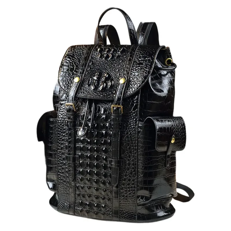 sac à dos de voyage à motif crocodile en cuir de vache véritable – grand sac d'école unisexe pour étudiants et employés de bureau avec fermeture éclair antivol