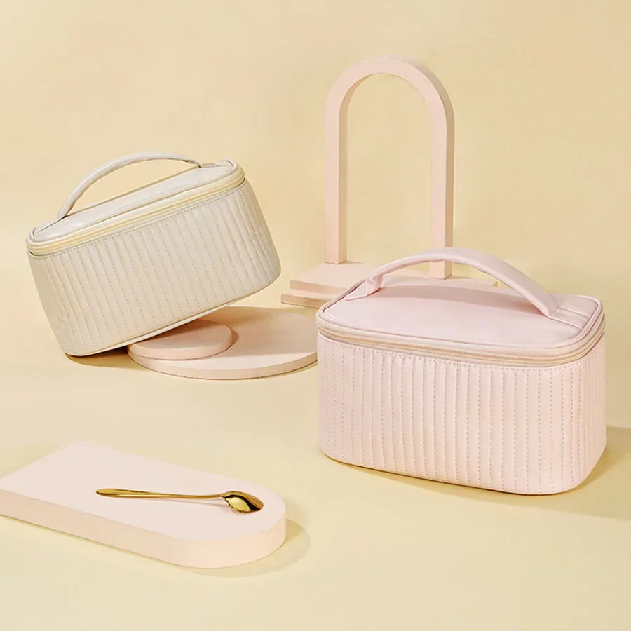 sacs de maquillage pour femmes, trousse de toilette de voyage, étuis mignons, boîte de rangement de maquillage portable de couleur unie, sac à cosmétiques nécessaire en cuir pu