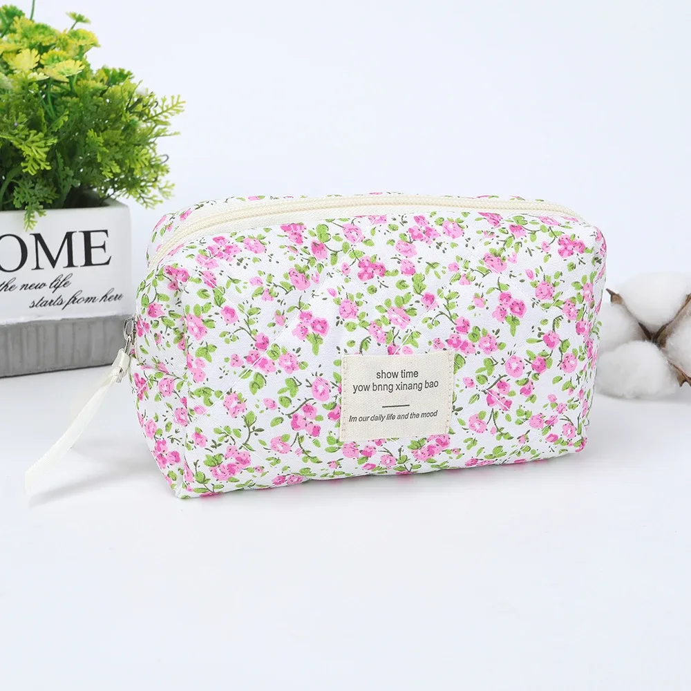 trousse de maquillage avec rembourrage en coton, motif floral, grande capacité, sensation haut de gamme, joli sac de rangement pour cosmétiques de style ins