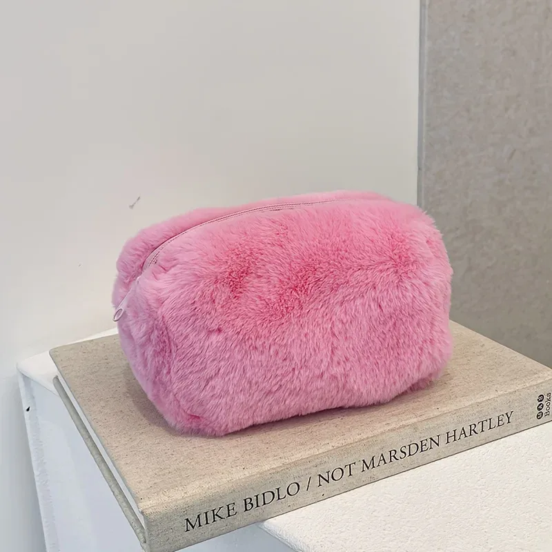 1 joli sac de rangement pour maquillage en peluche - sac de maquillage simple en nylon, adapté aux voyages et aux étudiants, confortable et moelleux, grande capacité, adapté à l'hiver, disponible en rose et autres couleurs, non lavable
