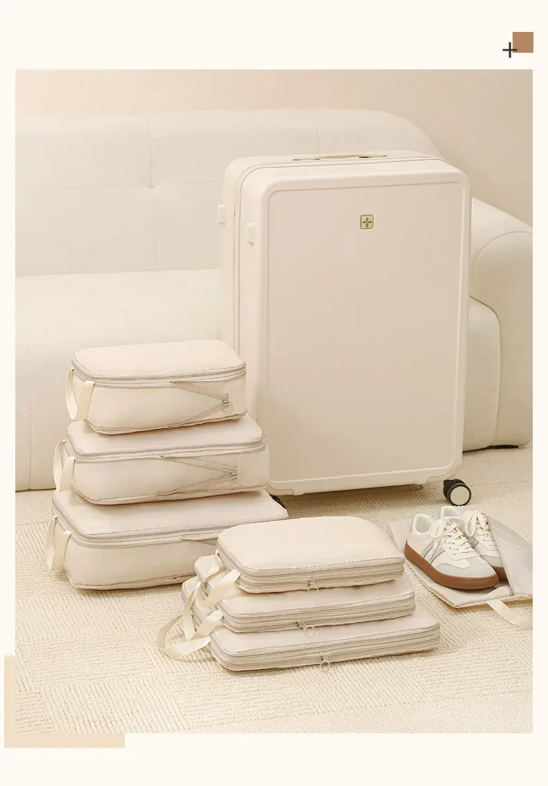 organisateur voyage polyester doux beige clair compartiments multifonctionnels organiser vêtements chaussures cosmétiques articles toilette