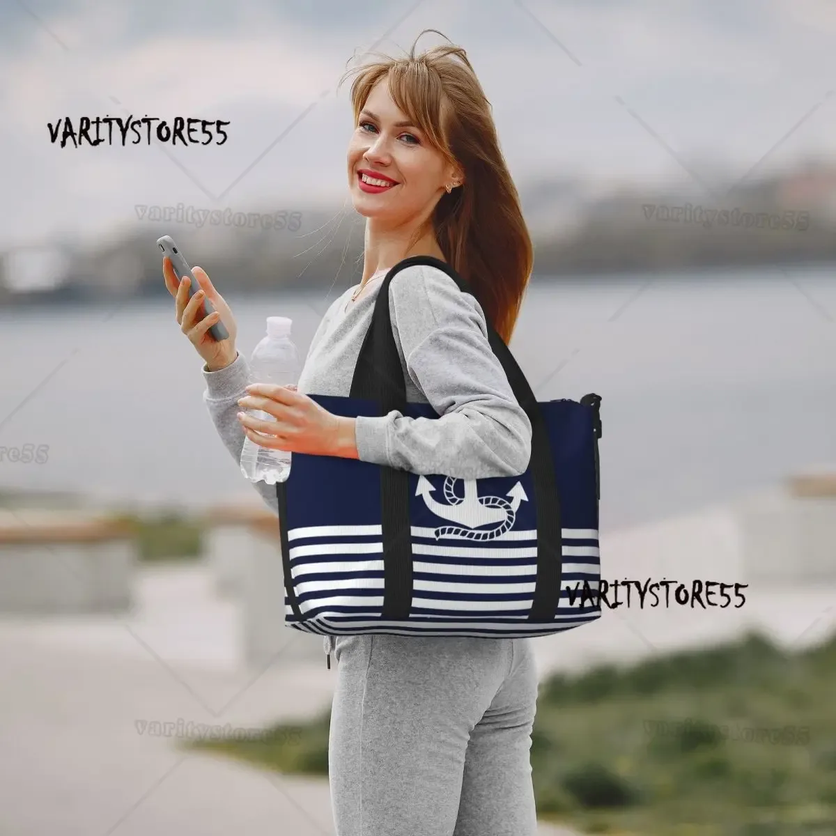 sac fourre-tout de plage personnalisé à rayures bleu marine et ancre blanche pour femmes, fourre-tout extra large pour salle de sport, sacs de shopping de voyage de navigation