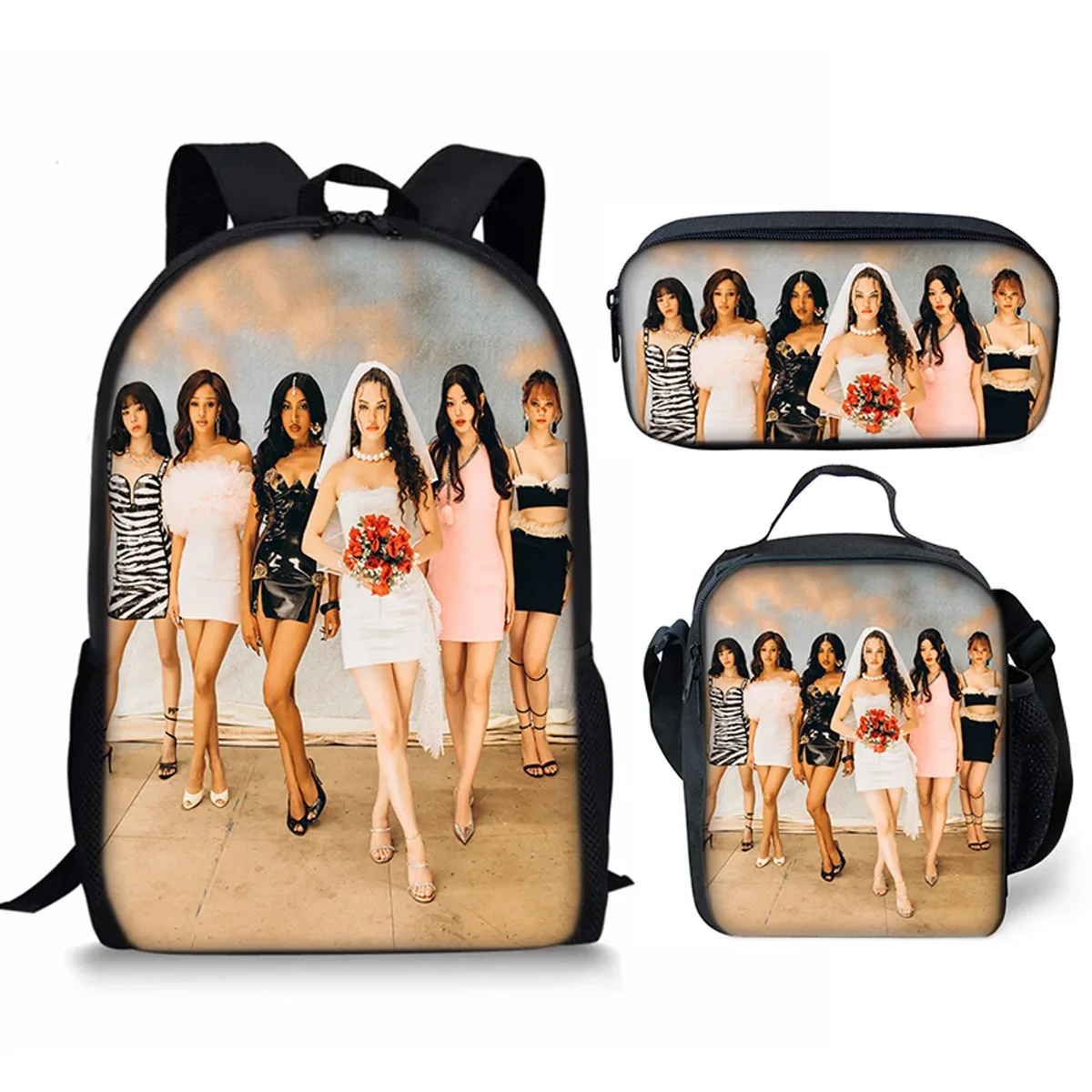 sac à dos scolaire classique populaire kpop katseye imprimé 3d, ensemble de 3 pièces, sac à dos pour ordinateur portable, sac à déjeuner, trousse à crayons