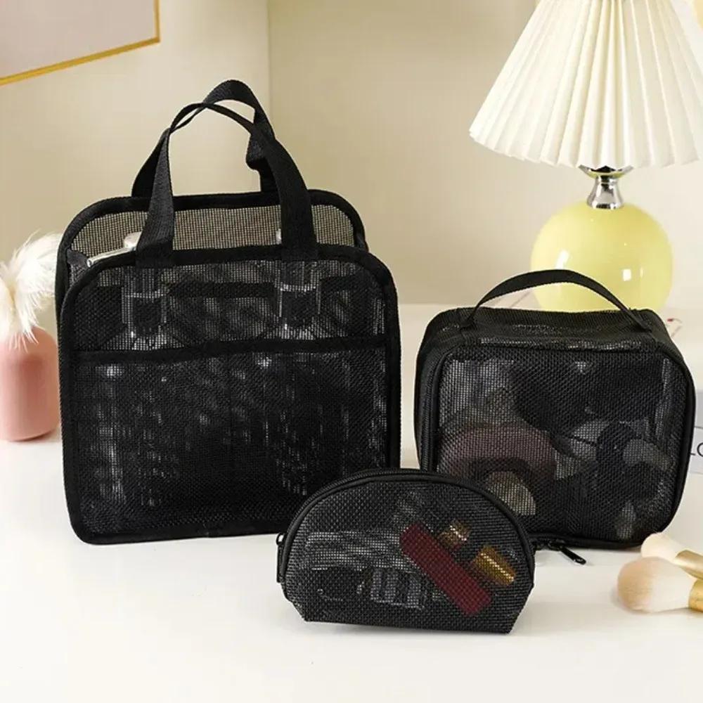 sac de maquillage en maille portable de grande capacité, sac de rangement de cosmétiques portatif de couleur unie, sac de rangement de toilette léger