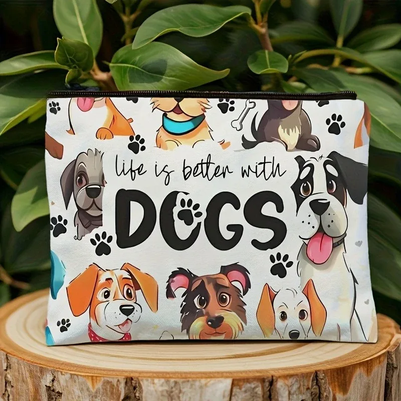 pochette de rangement pour cosmétiques et articles de toilette sur le thème du chien – imprimé de chien de dessin animé mignon avec empreintes de pattes et citation « la vie est meilleure avec les chiens »