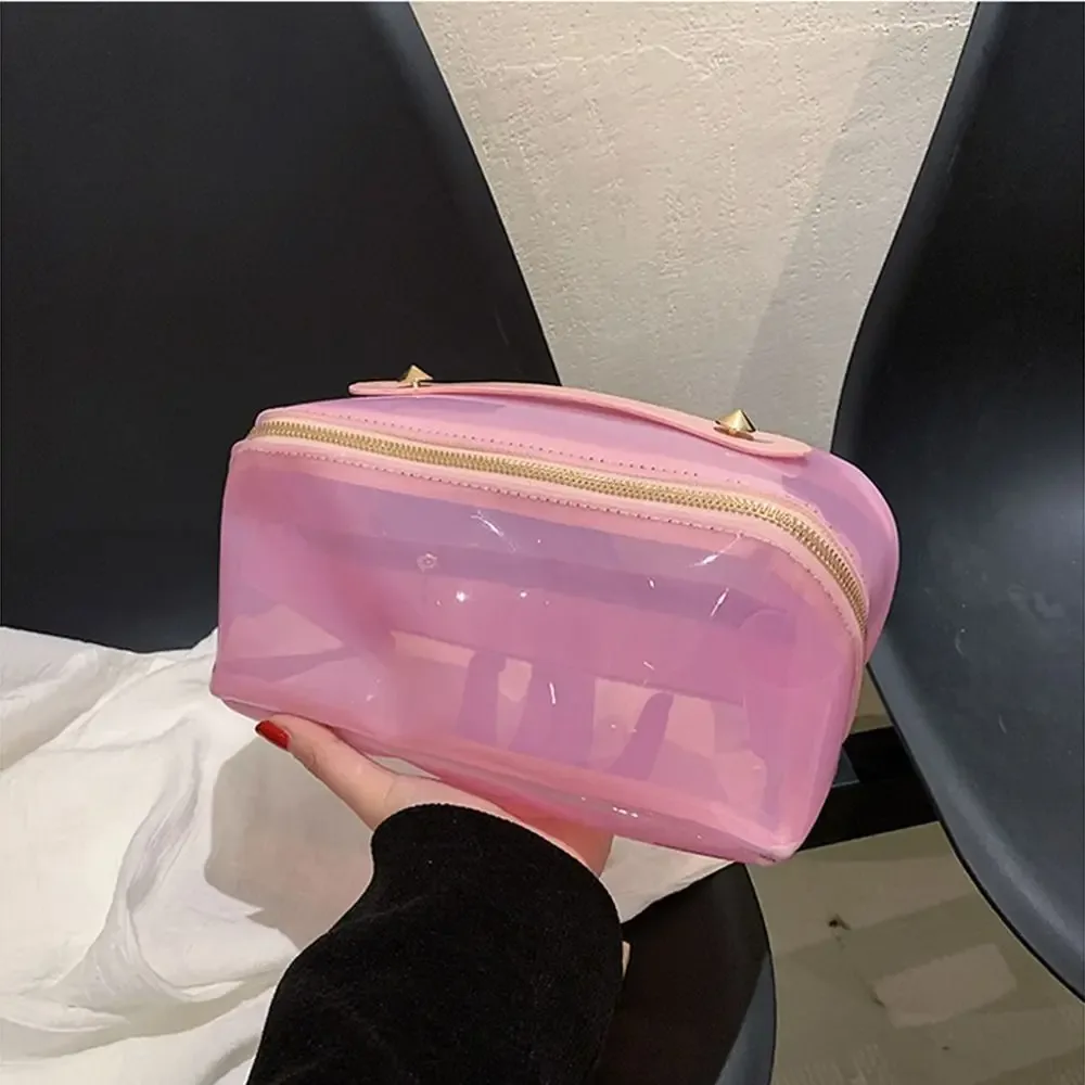 grande trousse de maquillage transparente en forme d'oreiller avec fermeture éclair, sac de toilette pour femme, imperméable, poignée supérieure, sacs de toilette transparents