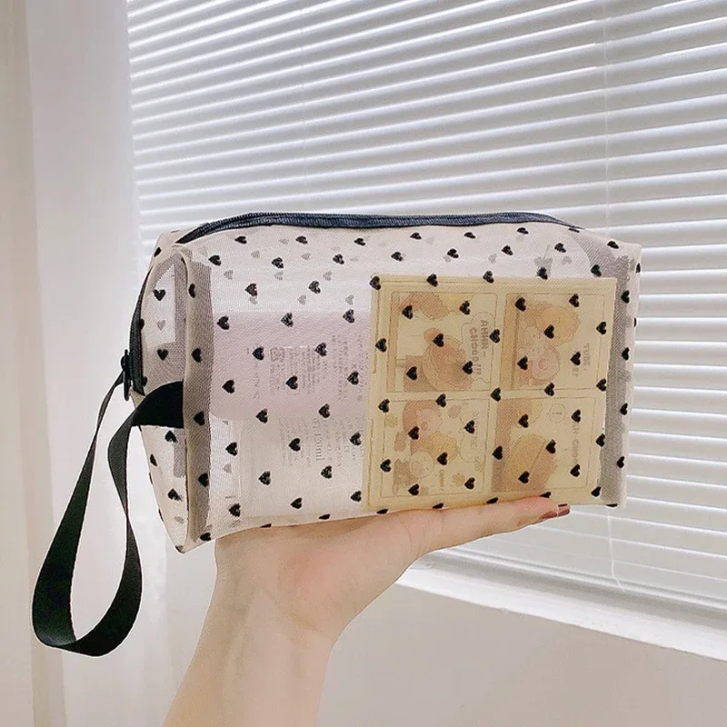 sac de maquillage en maille transparente en forme de cœur, pochette de rangement de cosmétiques portable multifonction pour femmes, sacs de rangement de rouge à lèvres de toilette pour dames