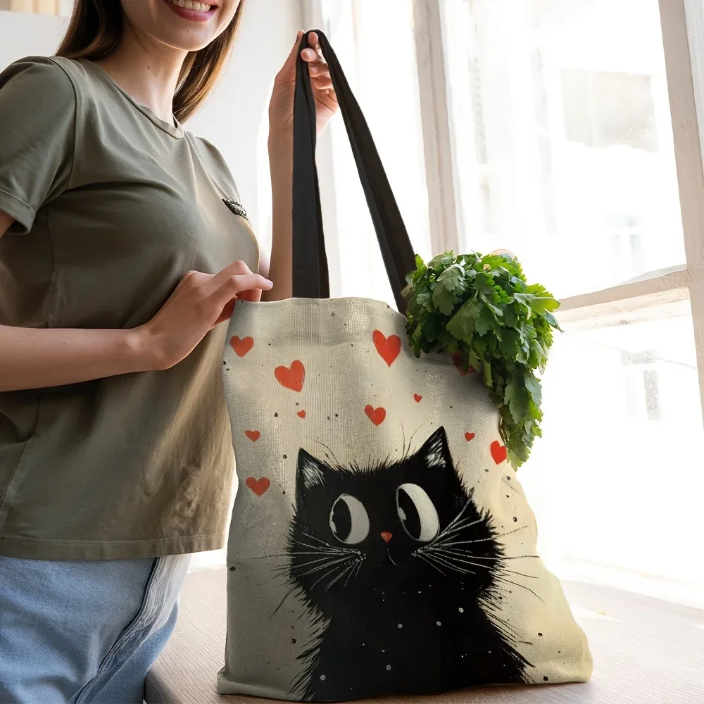 sac fourre-tout en polyester de grande capacité, sac à bandoulière rectangulaire avec imprimés de chat noir et de cœur, durable pour le shopping, 1 pièce