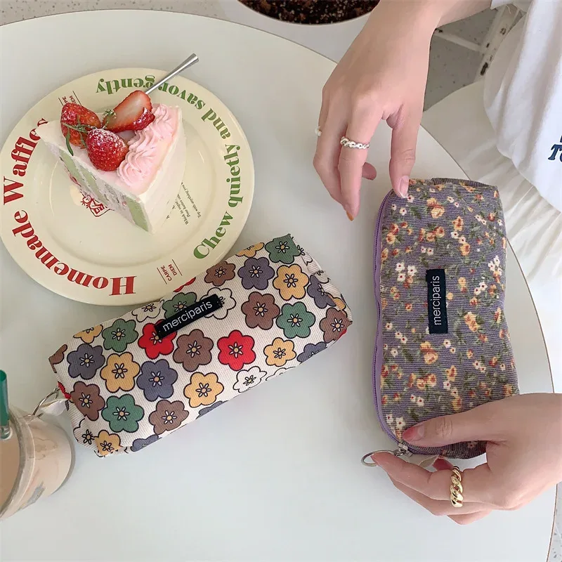 sac à main floral en velours côtelé pour femme, sac de rangement pour rouge à lèvres, sac à main kawaii, portefeuille de maquillage, trousse à crayons en poudre, sacs de voyage