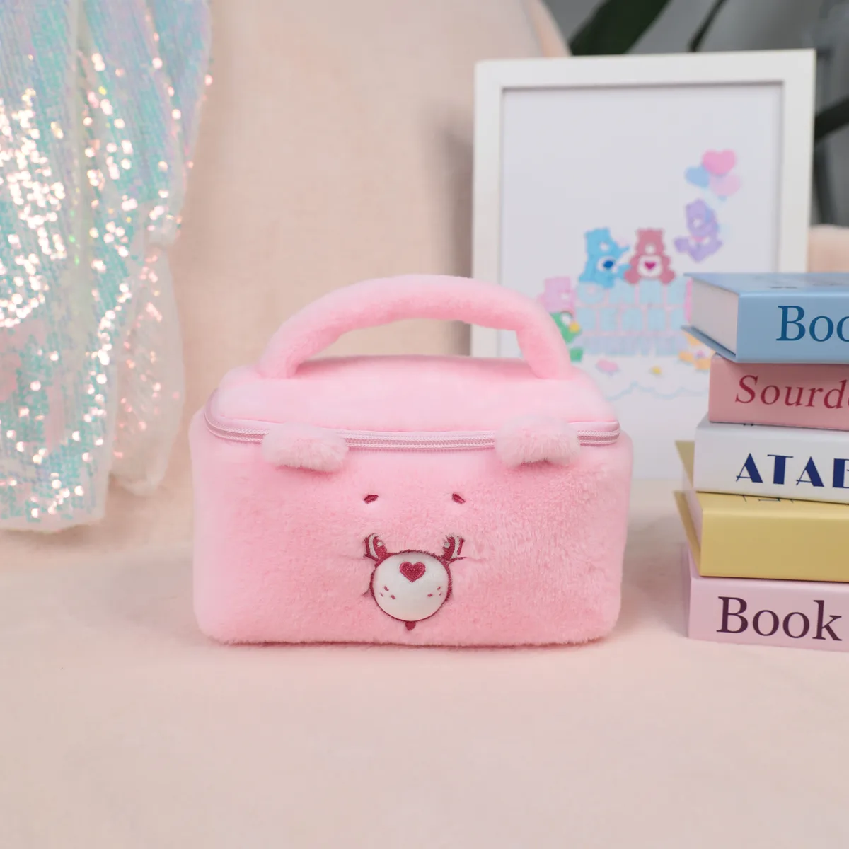 trousse de toilette en peluche care bears, sac de toilette de voyage de grande capacité pour filles et femmes, pochette de maquillage douce et moelleuse