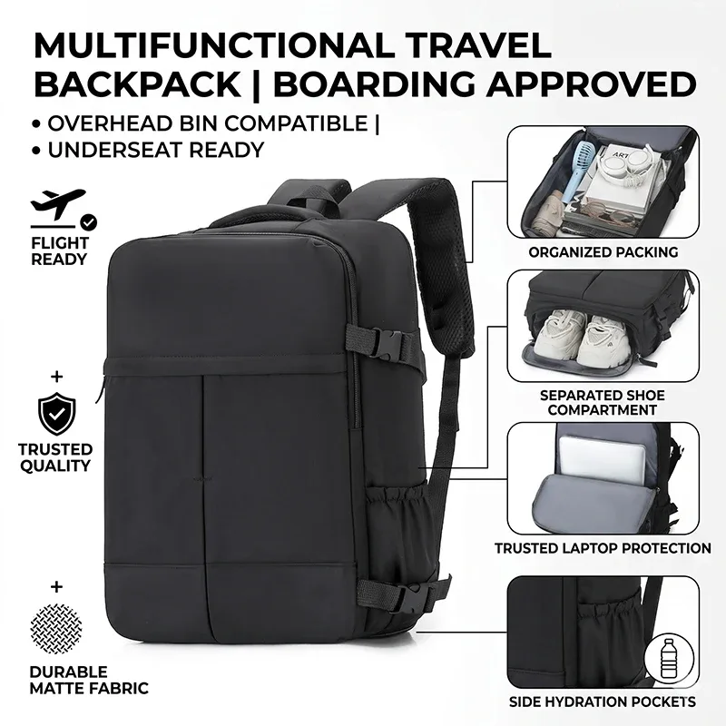 sac à dos de voyage, sac de transport minimaliste approuvé par les compagnies aériennes avec poche pour chaussures, compartiment pour ordinateur portable 17 pouces, sac à dos de voyage d'affaires pour le week-end