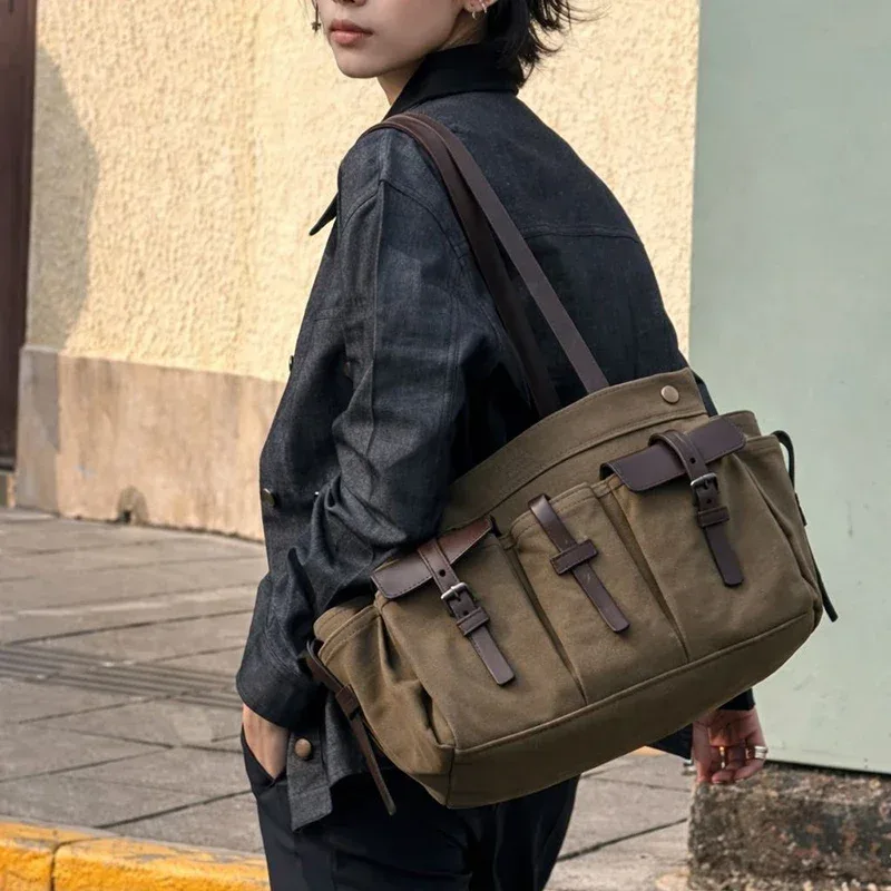 sac fourre-tout de luxe en toile et cuir multi-poches, sac à bandoulière vintage pour femme avec fermeture éclair, sac à main style motard, léger