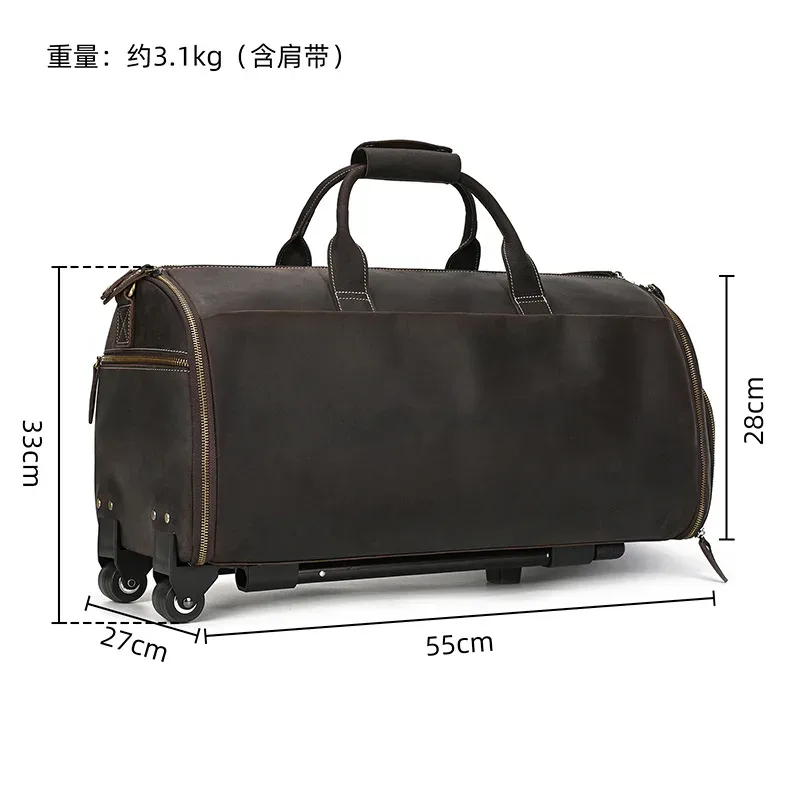 sac de voyage à roulettes en cuir véritable pour homme, sac de sport roulant en cuir de vachette crazy horse de 22 pouces avec compartiment à chaussures, grand sac de rangement