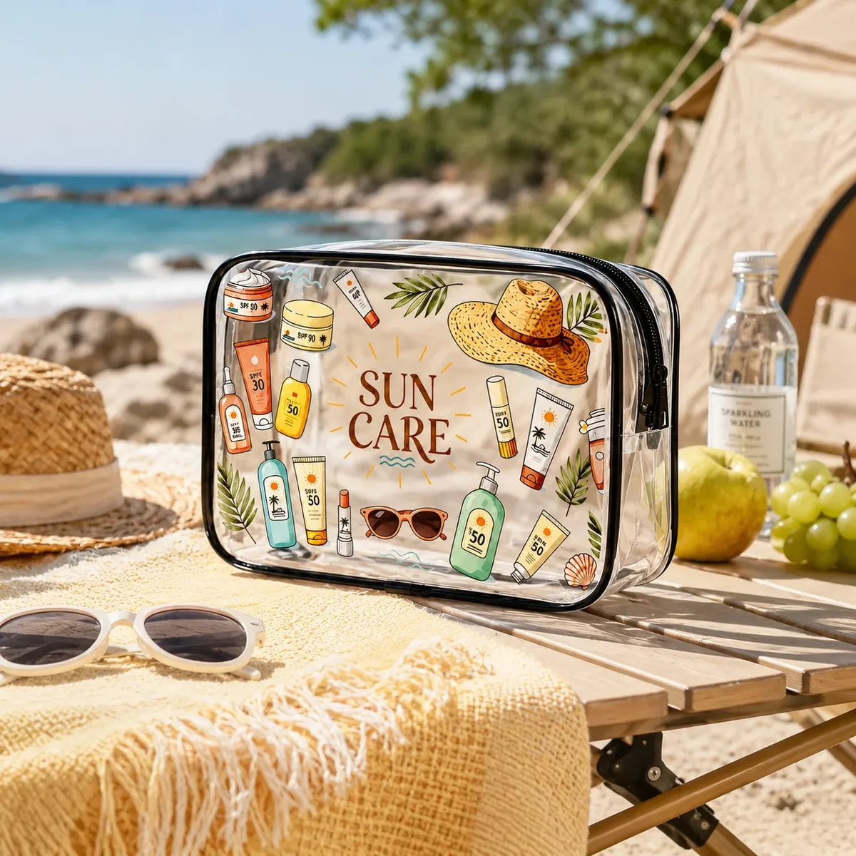 trousse de toilette transparente en pvc pour soins solaires, pochette de rangement étanche pour maquillage de voyage, idéale pour la plage, la crème solaire et les soins de la peau