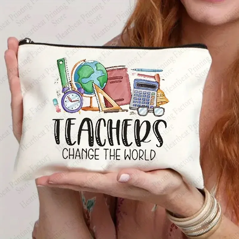 teacher change the world print sacs à cosmétiques trousse de toilette cadeau de remise des diplômes pour les enseignants trousse à crayons de retour à l'école pour enseignant