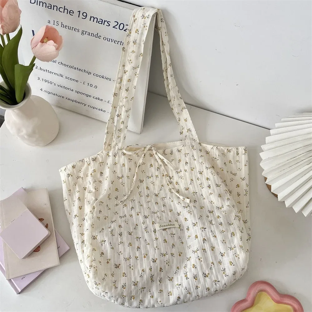 sac de shopping polyvalent pour femmes, sac à bandoulière simple en mousseline de soie imprimé floral frais et doux, fourre-tout de grande capacité pour classe d'étudiant