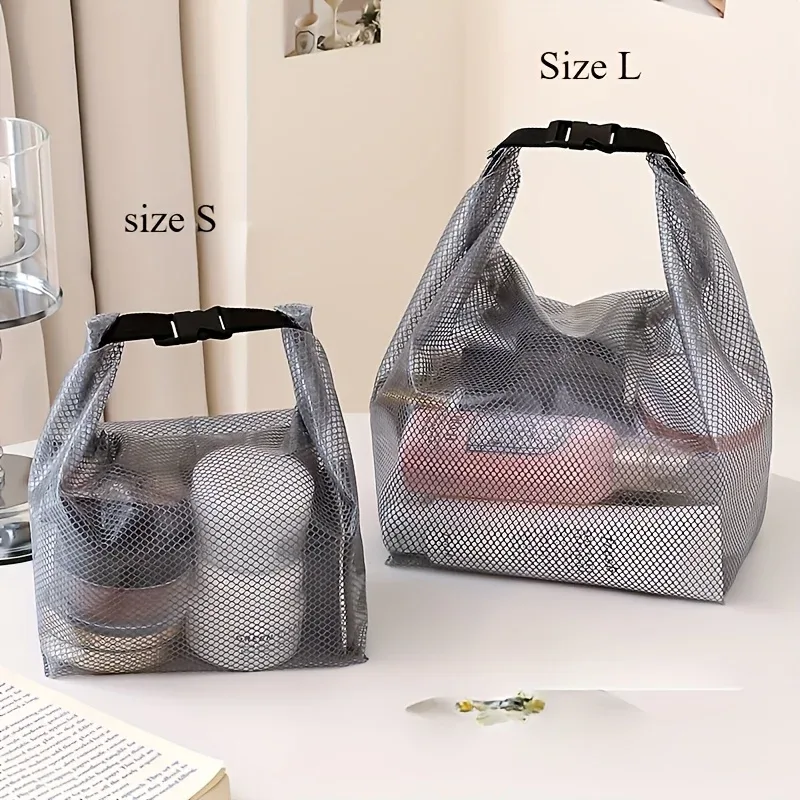 pochette cosmétique maille transparente motif carrés noirs fermeture éclair anse étanche voyage fitness natation