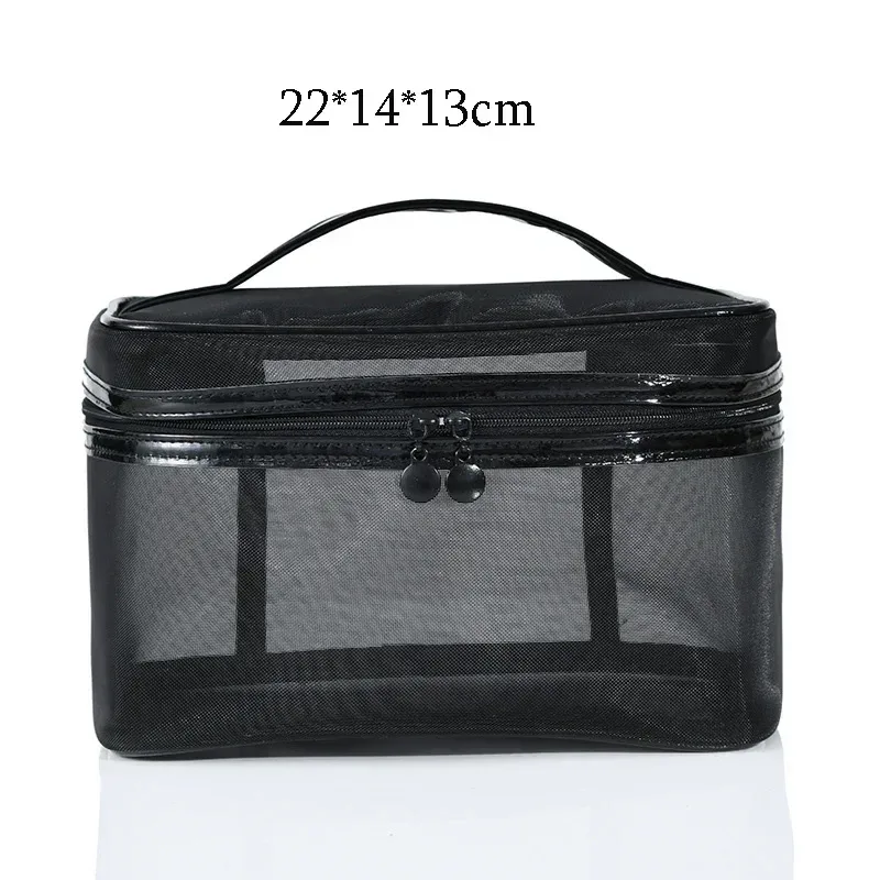 trousse de maquillage en maille noire pour femme, sac à cosmétiques transparent, petits et grands sacs de rangement portables, articles de toilette de voyage, évaluateurs de serviettes