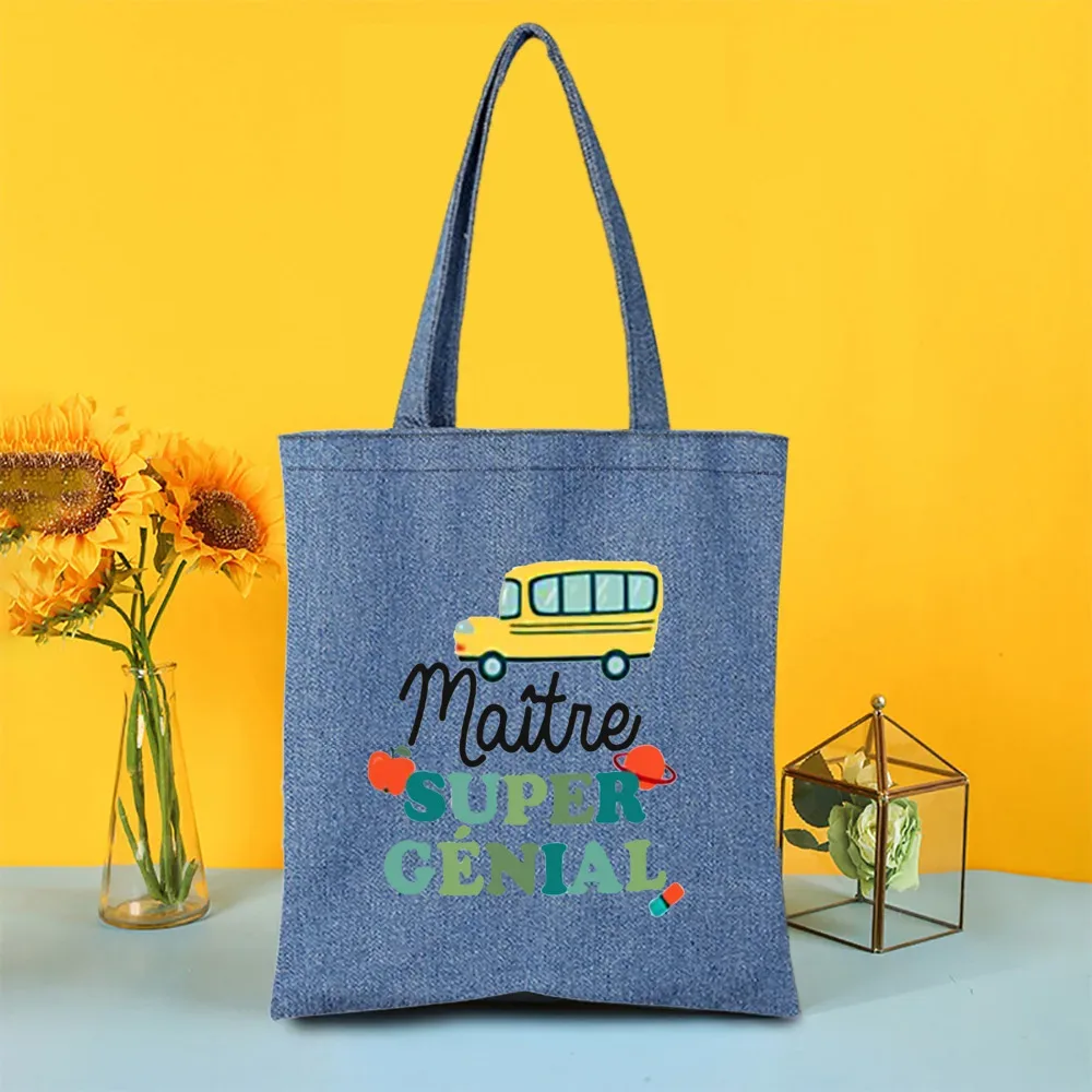sac fourre-tout en jean imprimé super atsem maitresse, sacs de shopping pour femme, sacs de voyage, cadeau de remerciement pour la fête des enseignants et les diplômés