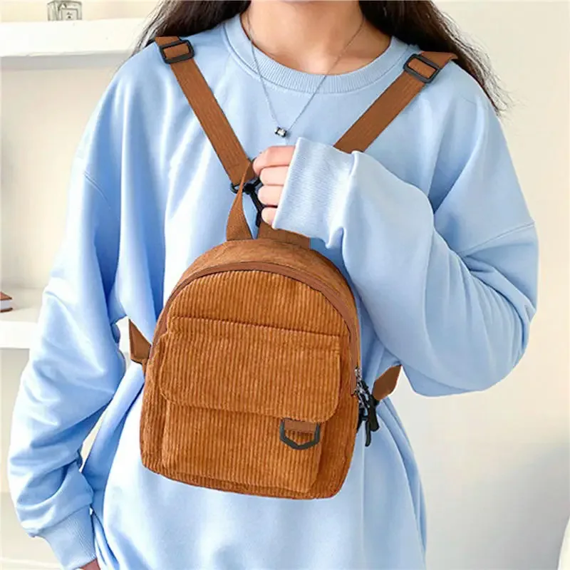 mini sac en velours côtelé brodé pour femmes, simple, couleur unie, mode filles, petit sac à dos de voyage en plein air pour dames